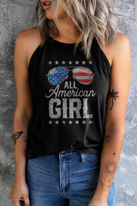 ALL AMERICAN GIRL Graphic Black Halter Tank Small-2XL