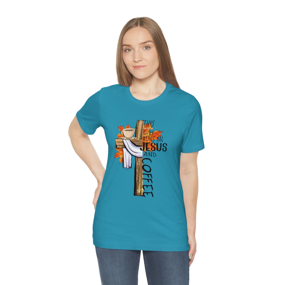 This Girl Runs on Jesus and Coffee Fall Unisex Jersey Short Sleeve Tee S-3XL