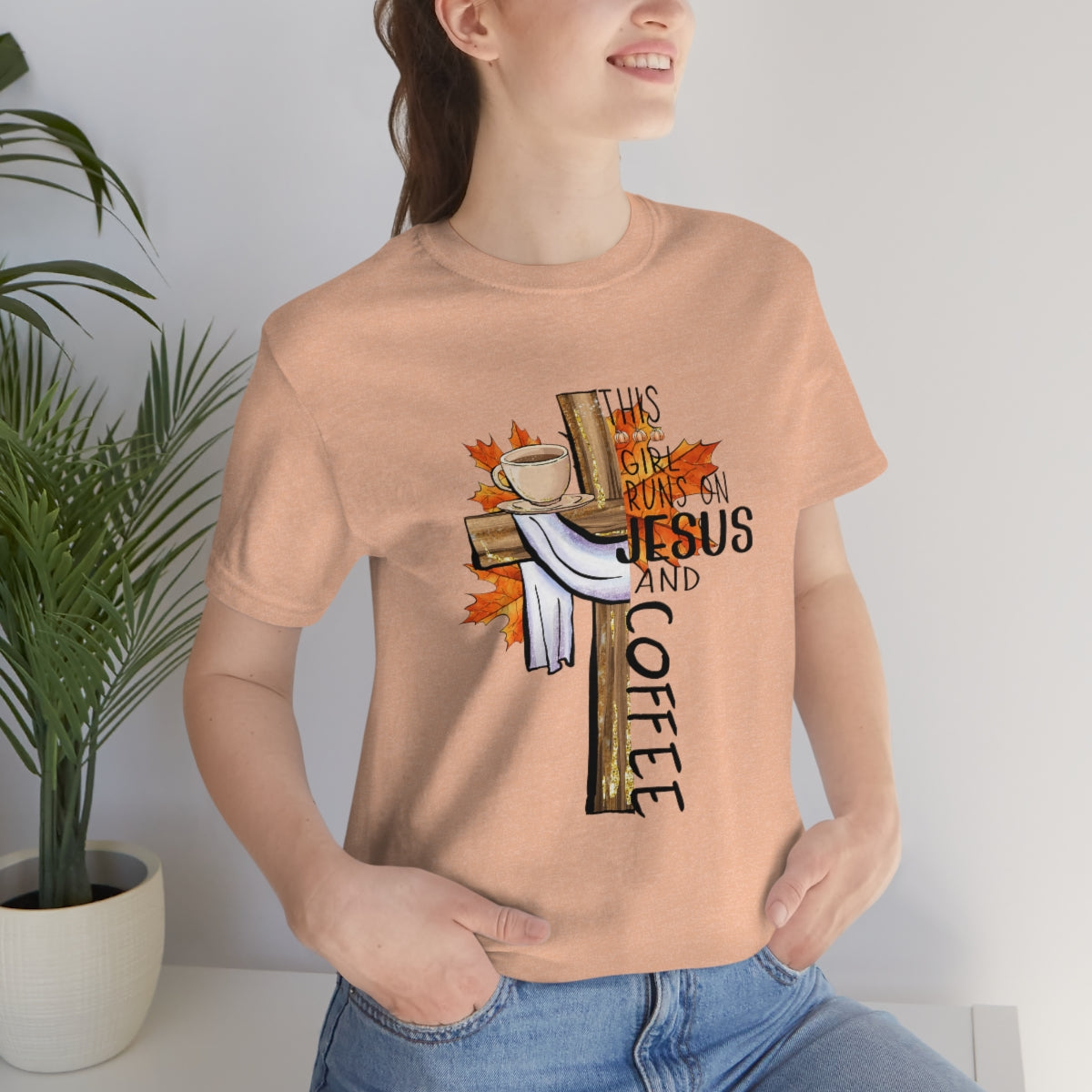 This Girl Runs on Jesus and Coffee Fall Unisex Jersey Short Sleeve Tee S-3XL