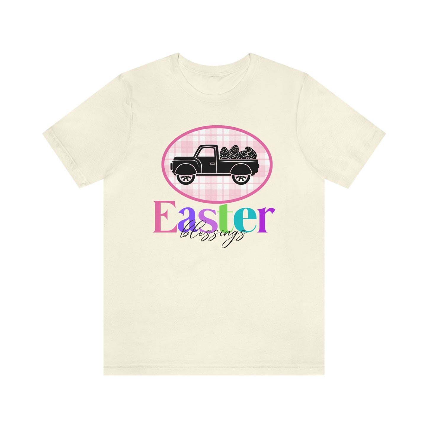 Easter Blessings Pickup Truck with Decorated Eggs Gingham Unisex Jersey Short Sleeve Tee Small-3XL