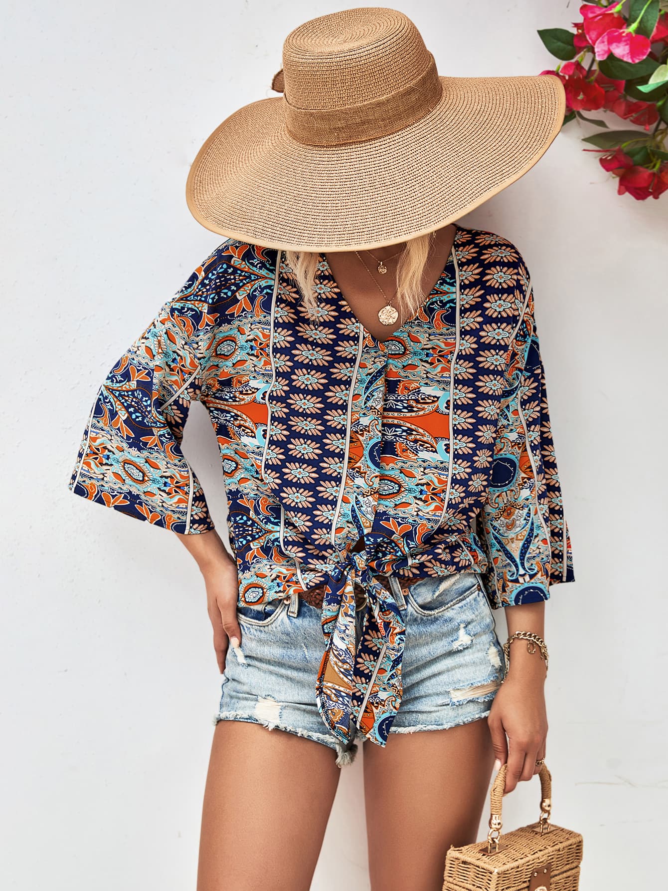 Hazel Tie Hem V-Neck Three-Quarter Bell Sleeve Blouse S-XL