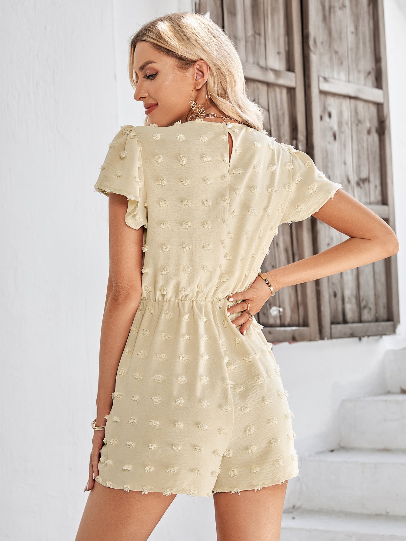 Swiss Dot Lace Trim Flutter Sleeve Romper with Pockets Small-XL