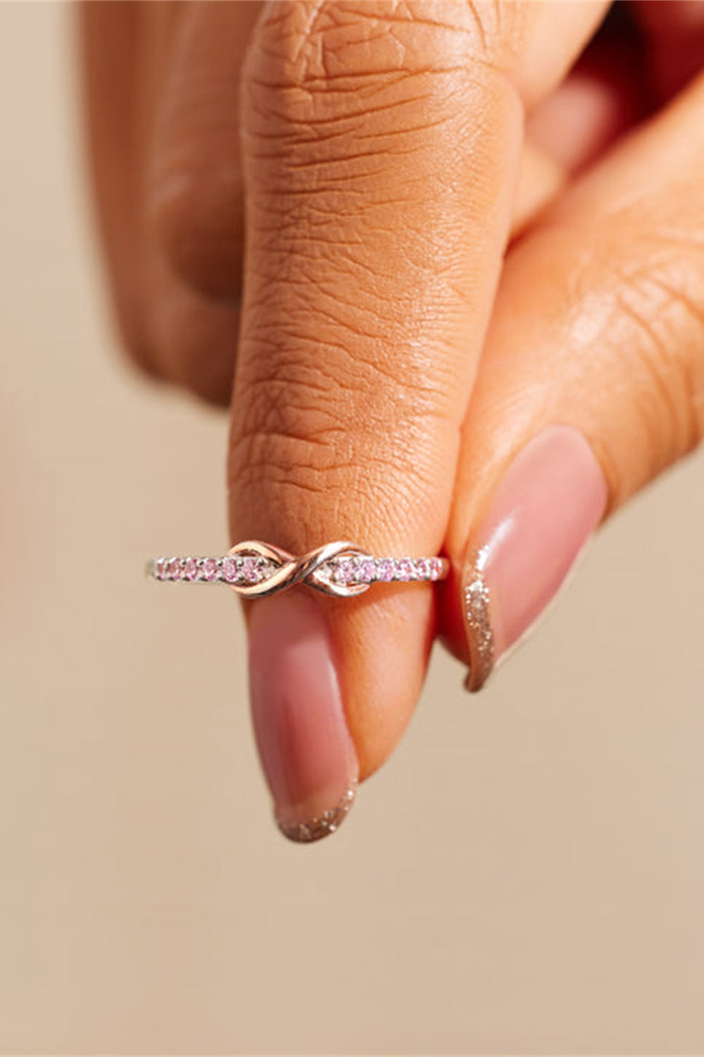 Infinity Pink Zircon Crisscross Two Tone Sterling Silver and Rose Gold Ring