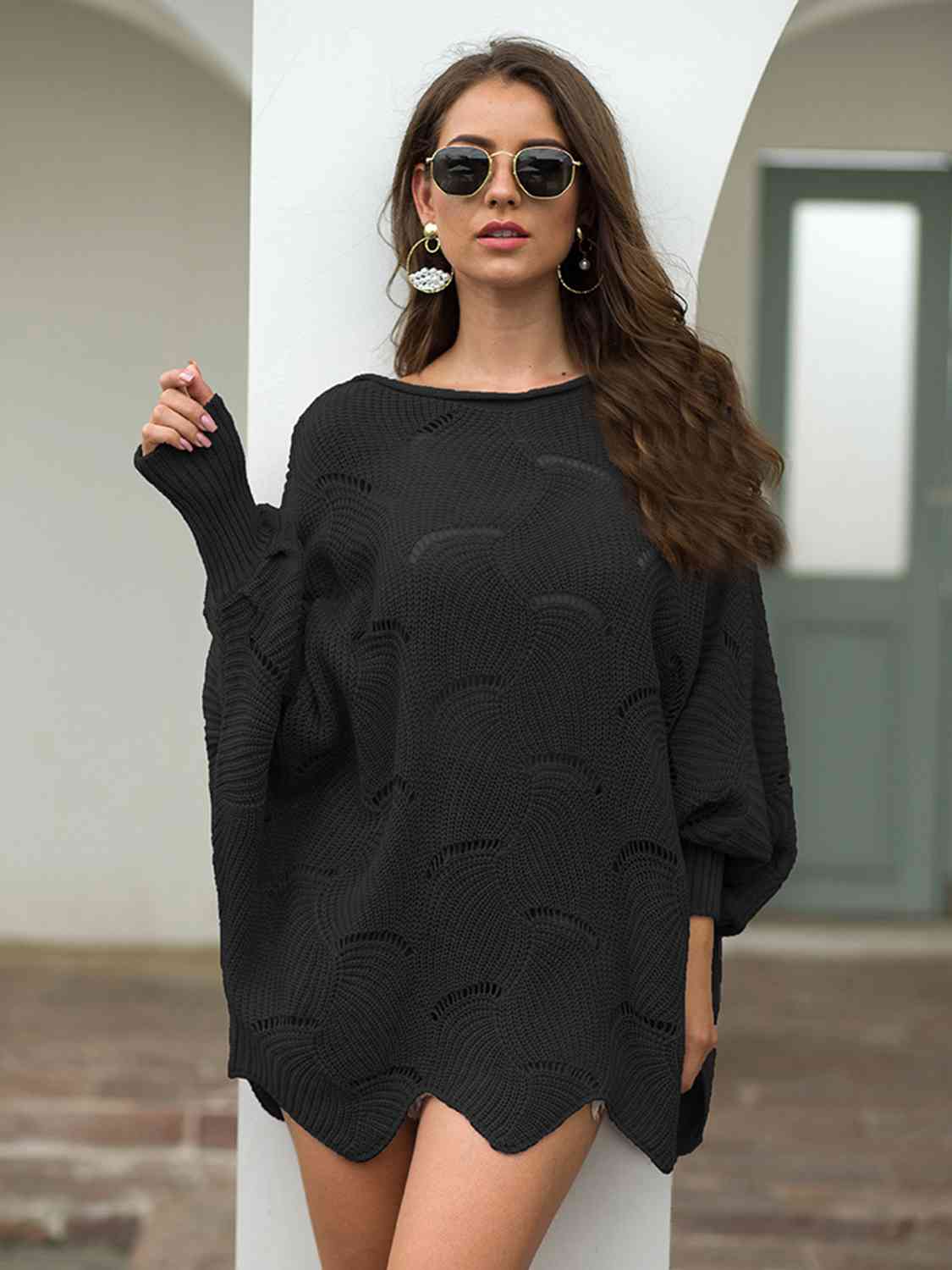 Trudy Boat Neck Lantern Sleeve Openwork Knit Top