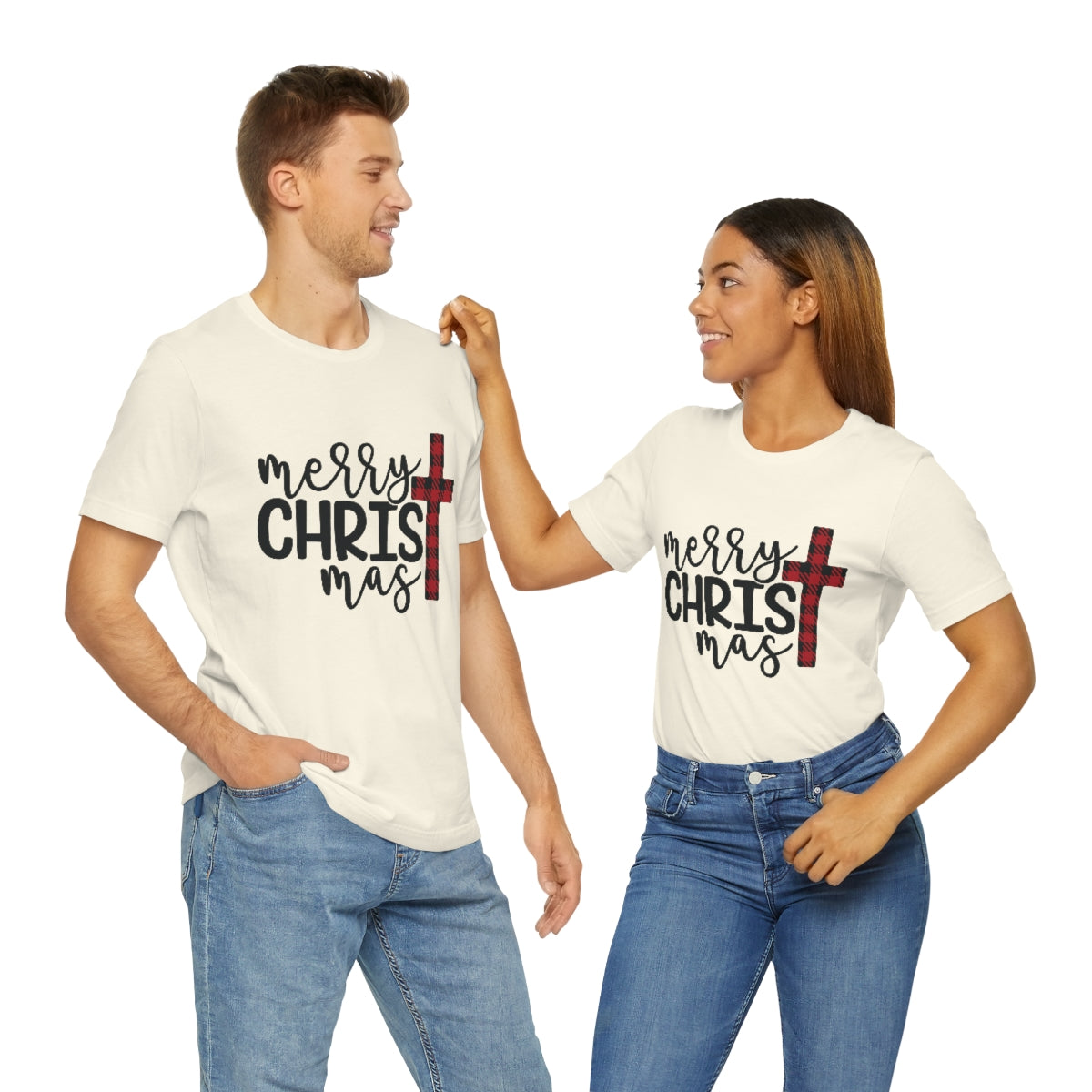 Merry Christmas with Buffalo Plaid Cross Short Sleeve Tee S-3XL