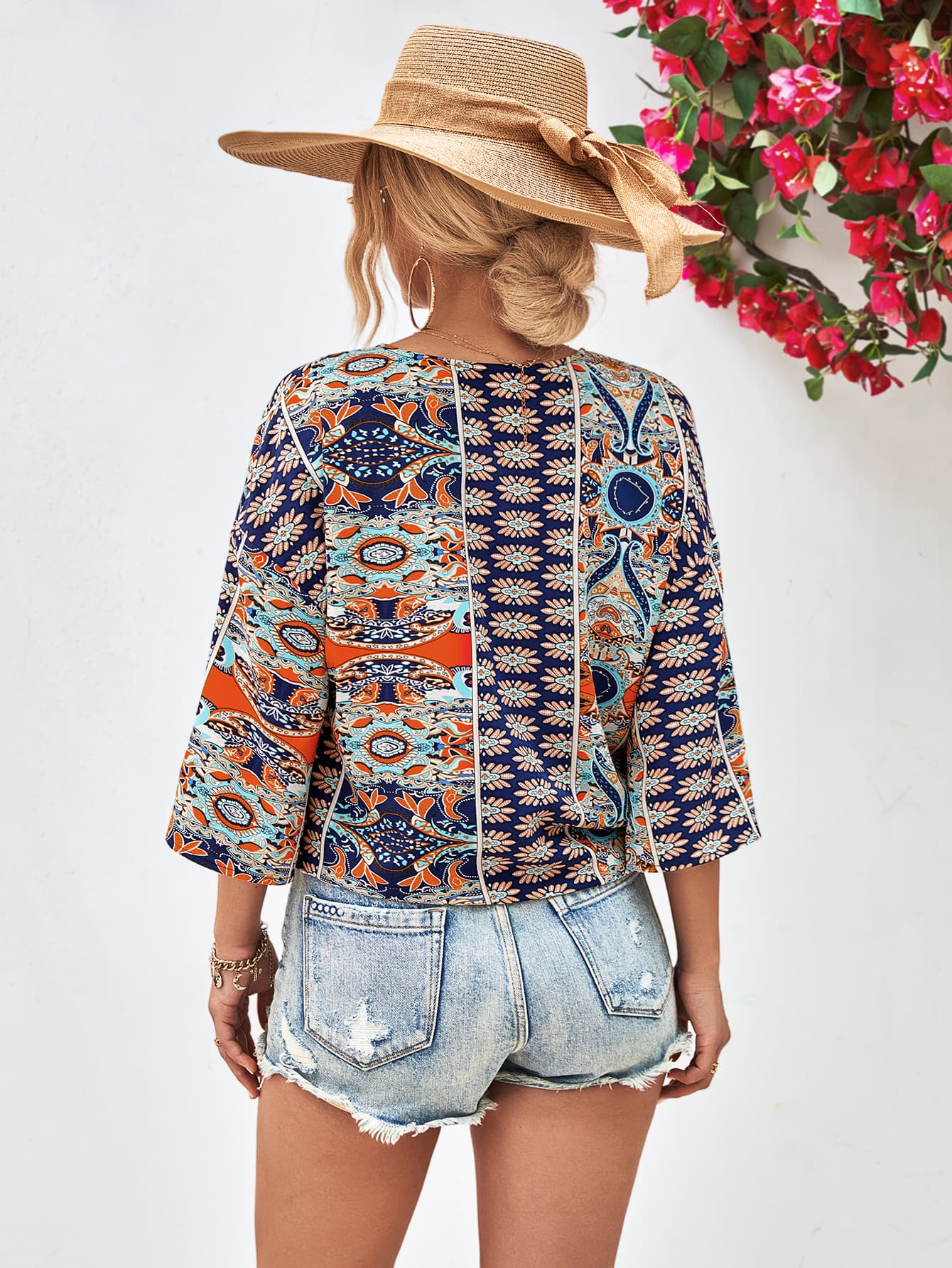 Hazel Tie Hem V-Neck Three-Quarter Bell Sleeve Blouse S-XL