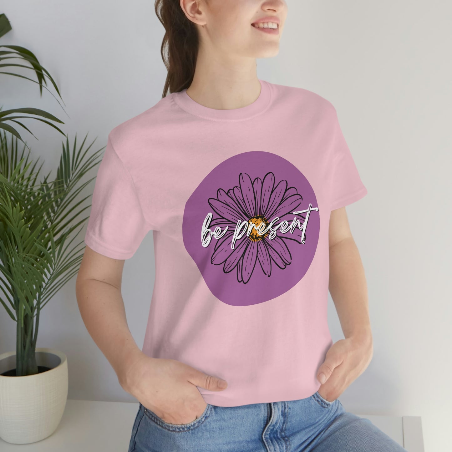 Be Present Purple Daisy Floral Positive Message Happy Thoughts Unisex Jersey Short Sleeve Tee Small-3XL