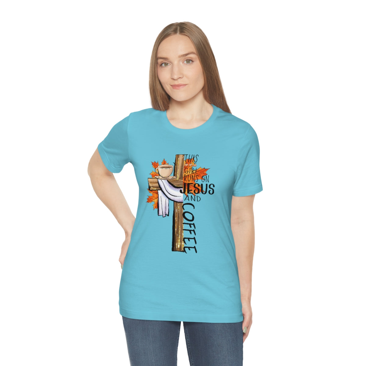 This Girl Runs on Jesus and Coffee Fall Unisex Jersey Short Sleeve Tee S-3XL