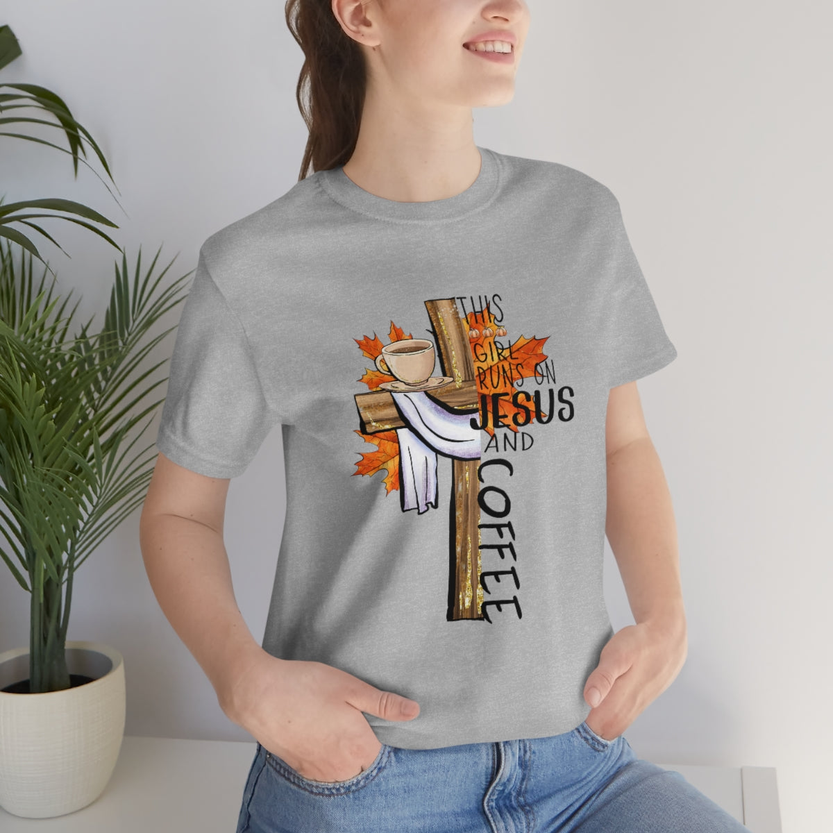 This Girl Runs on Jesus and Coffee Fall Unisex Jersey Short Sleeve Tee S-3XL