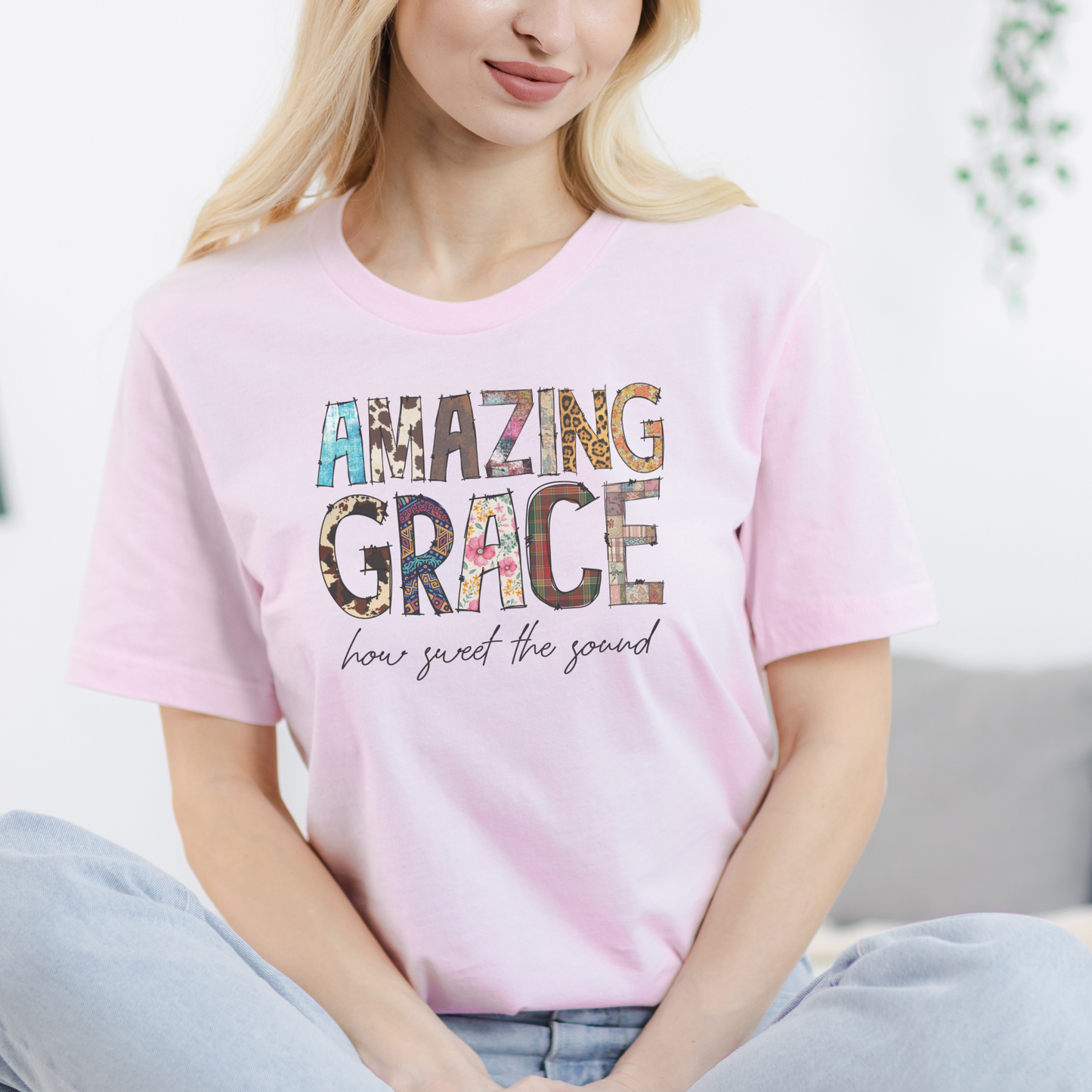 Amazing Grace Mixed Media Look Unisex Jersey Short Sleeve Tee S-3XL
