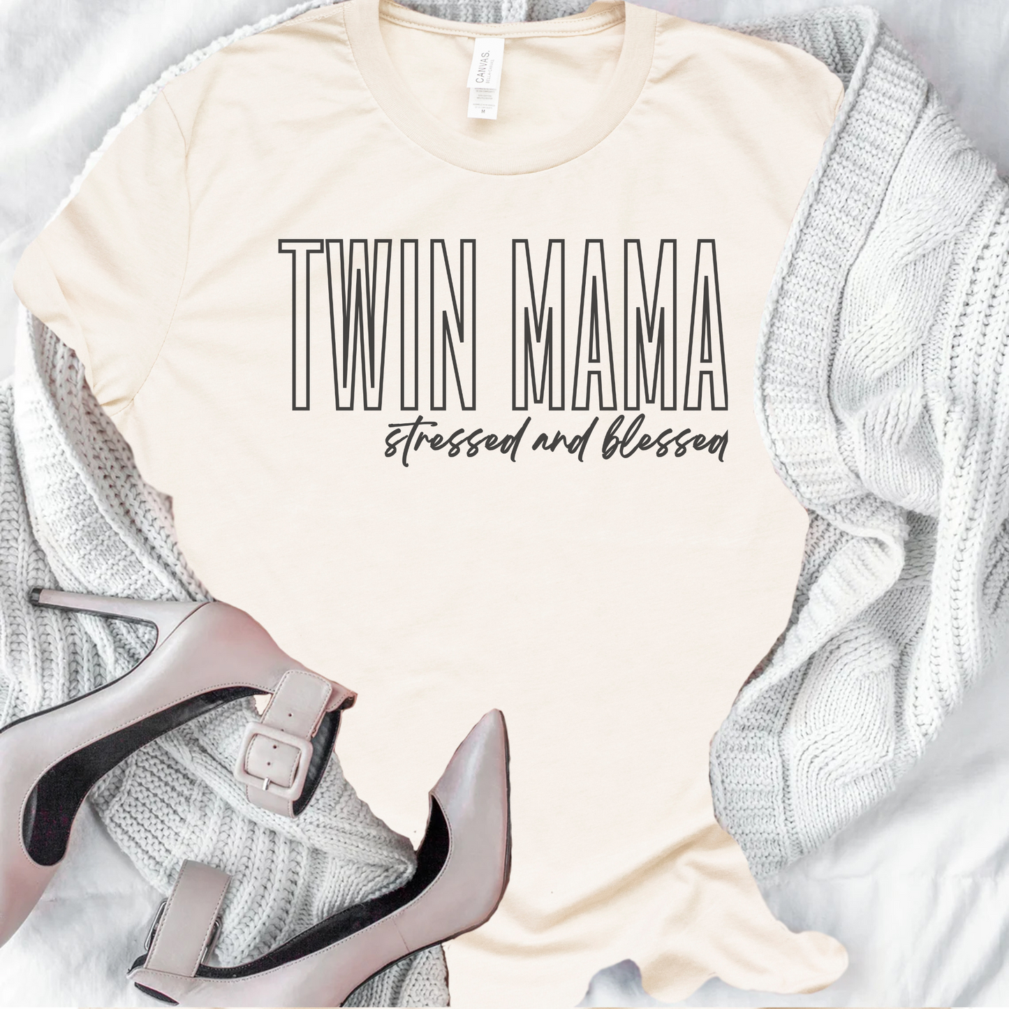 Twin Mama Stressed and Blessed Black Block Hollow Letters Paint Style Script Unisex Jersey Short Sleeve Tee Small-3XL Mother of Multiples