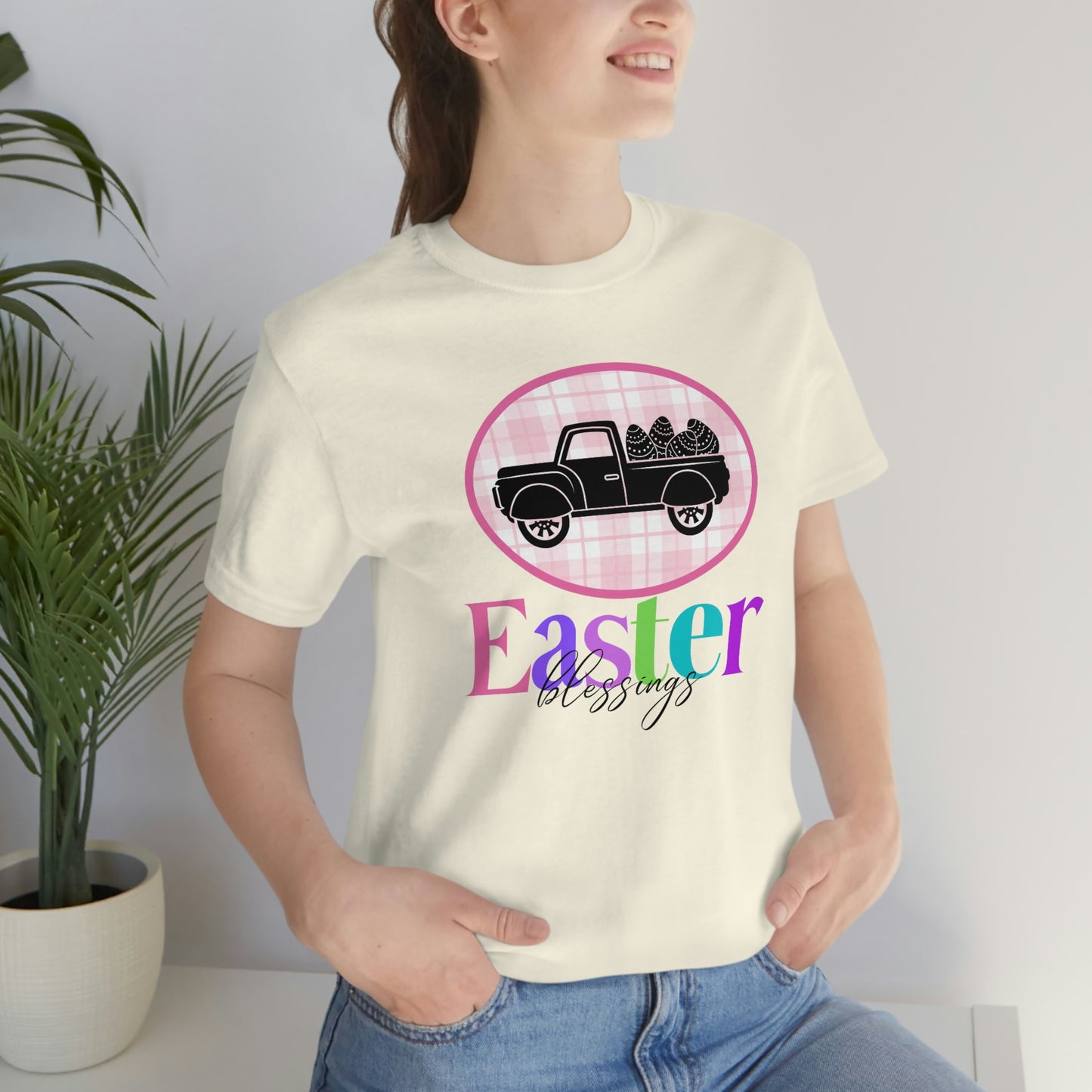 Easter Blessings Pickup Truck with Decorated Eggs Gingham Unisex Jersey Short Sleeve Tee Small-3XL