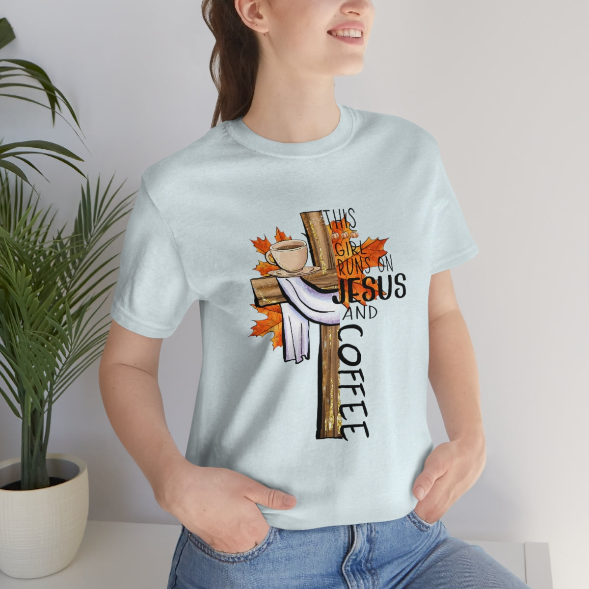 This Girl Runs on Jesus and Coffee Fall Unisex Jersey Short Sleeve Tee S-3XL