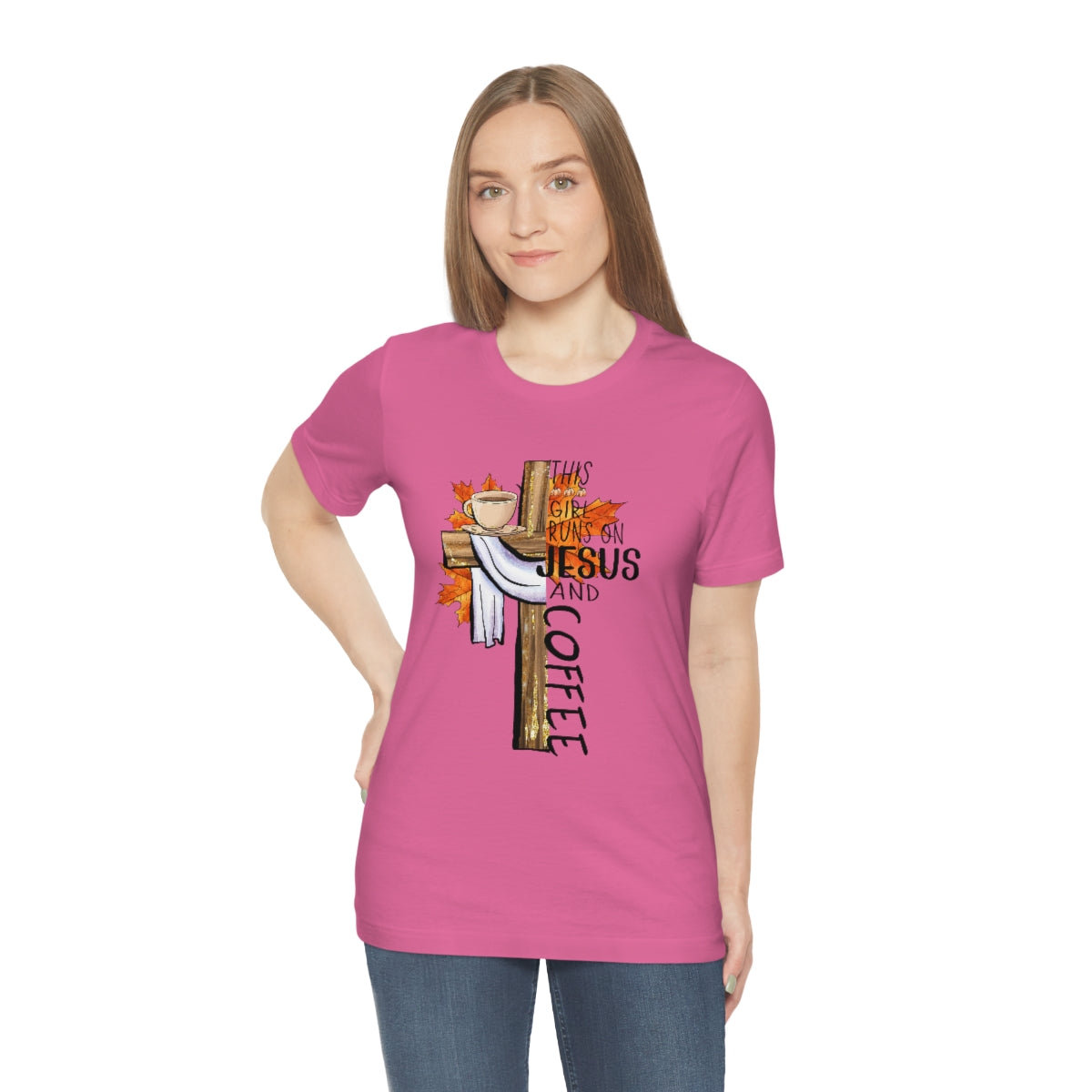 This Girl Runs on Jesus and Coffee Fall Unisex Jersey Short Sleeve Tee S-3XL