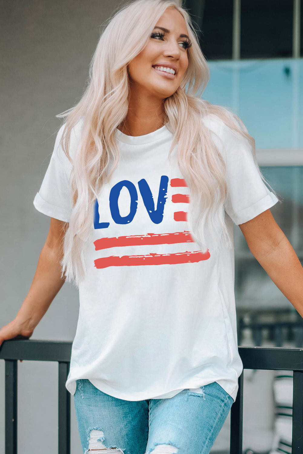 LOVE US Flag Graphic Round Neck Short Sleeve Tee S-2XL