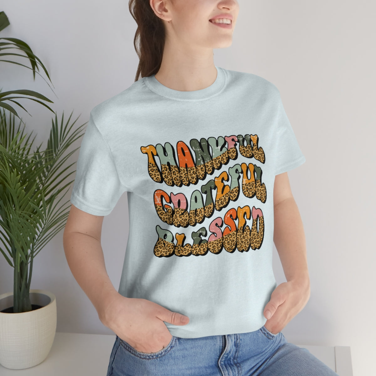 Thankful Grateful Blessed Leopard Print Unisex Jersey Short Sleeve Tee S-4XL