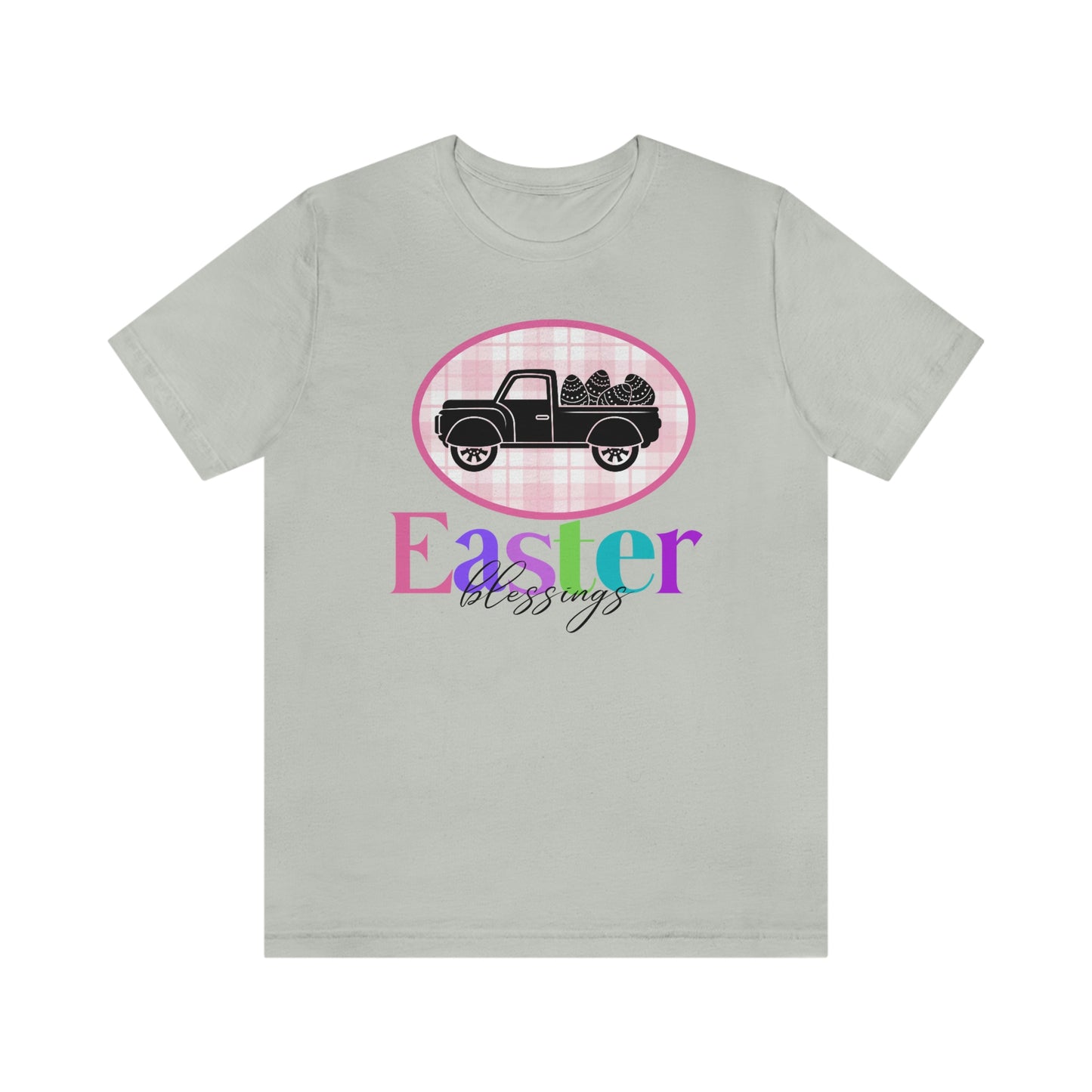 Easter Blessings Pickup Truck with Decorated Eggs Gingham Unisex Jersey Short Sleeve Tee Small-3XL