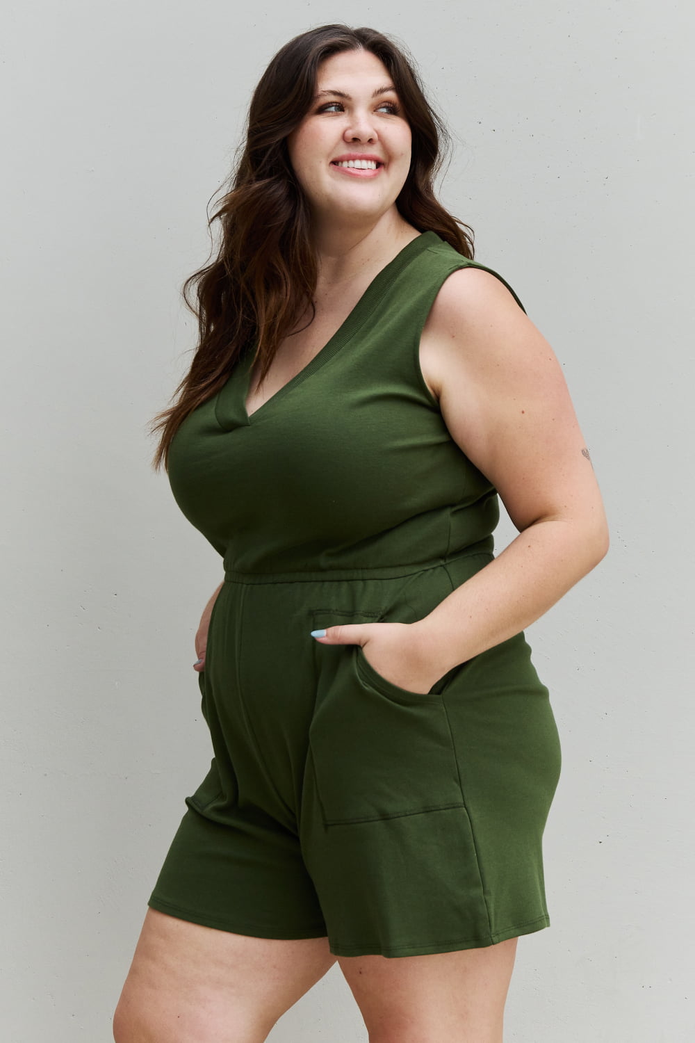 Forever Yours V-Neck Sleeveless Romper in Army Green S-3XL