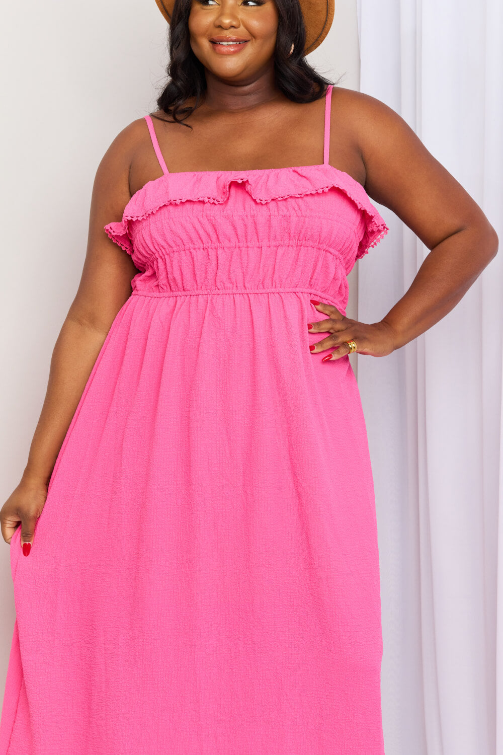 What In Carnation Full Size Shirred Sleeveless Dress Small-3X