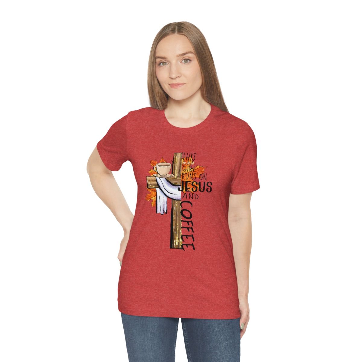 This Girl Runs on Jesus and Coffee Fall Unisex Jersey Short Sleeve Tee S-3XL