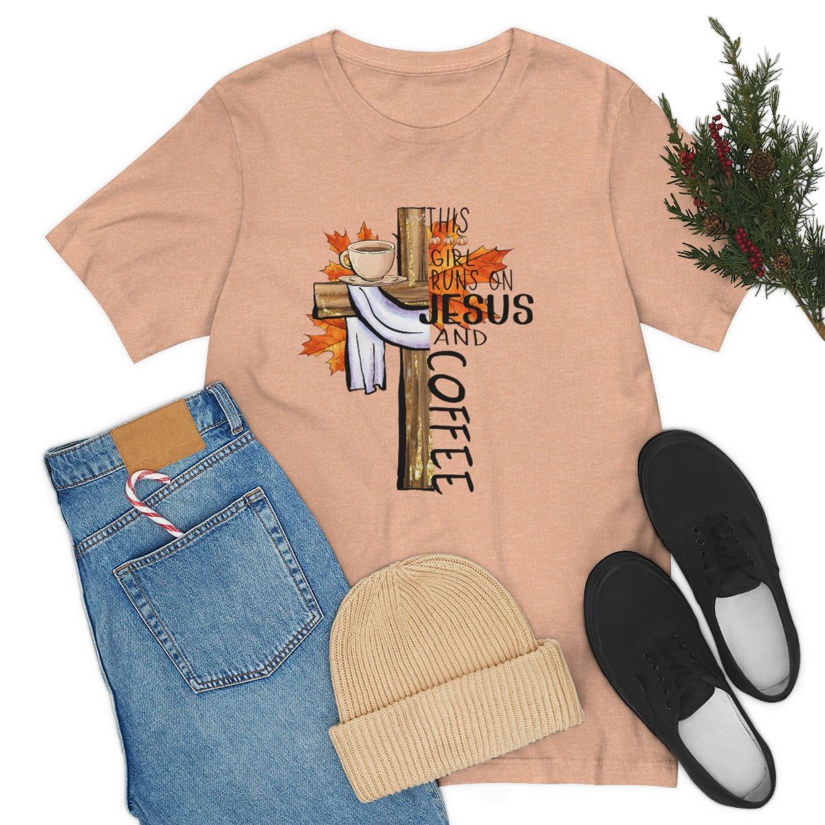 This Girl Runs on Jesus and Coffee Fall Unisex Jersey Short Sleeve Tee S-3XL