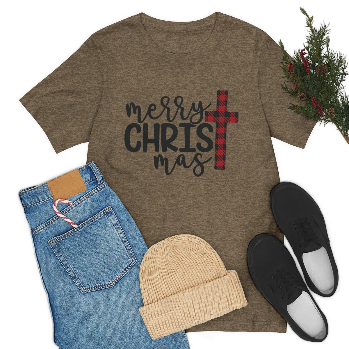 Merry Christmas with Buffalo Plaid Cross Short Sleeve Tee S-3XL