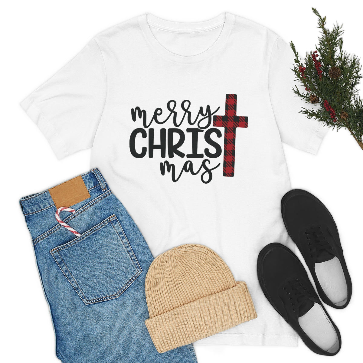 Merry Christmas with Buffalo Plaid Cross Short Sleeve Tee S-3XL