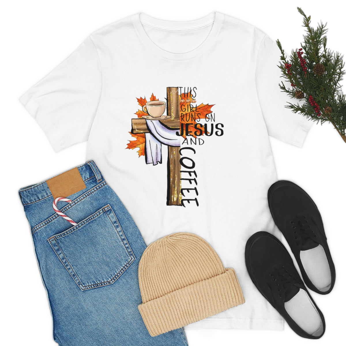 This Girl Runs on Jesus and Coffee Fall Unisex Jersey Short Sleeve Tee S-3XL