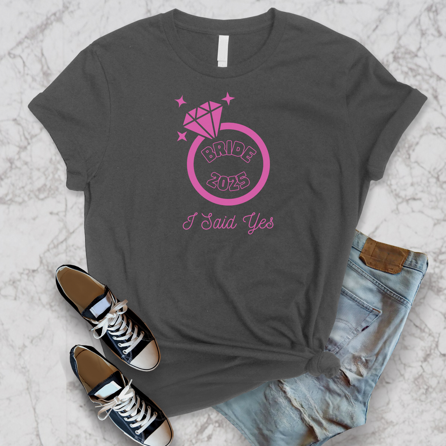 I Said Yes Bride 2025 Engagement Pink Diamond Ring Unisex Jersey Short Sleeve Tee Small-3XL