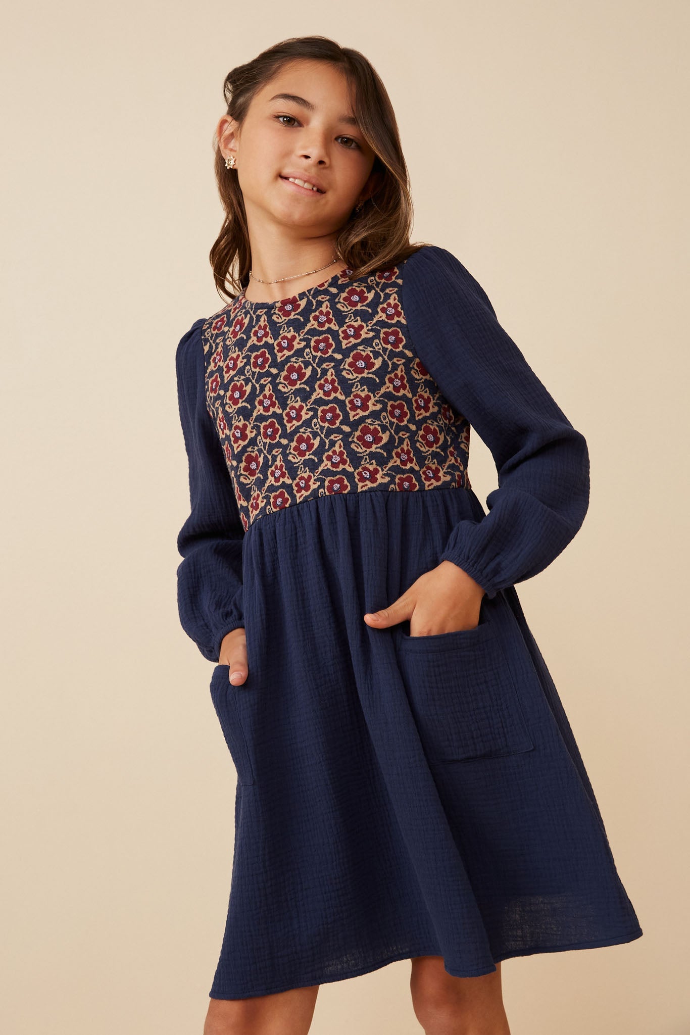 Lola Navy Blue Floral Mixed Media Puff Sleeve Dress Girls S-XL