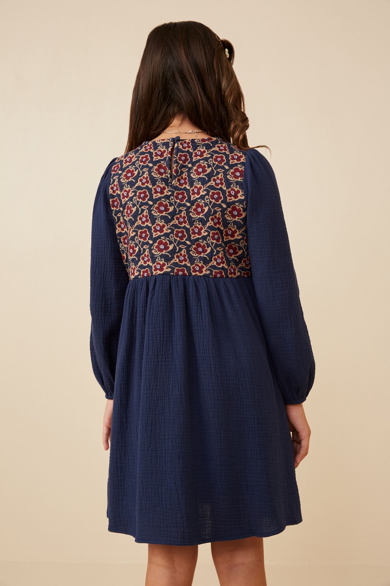 Lola Navy Blue Floral Mixed Media Puff Sleeve Dress Girls S-XL
