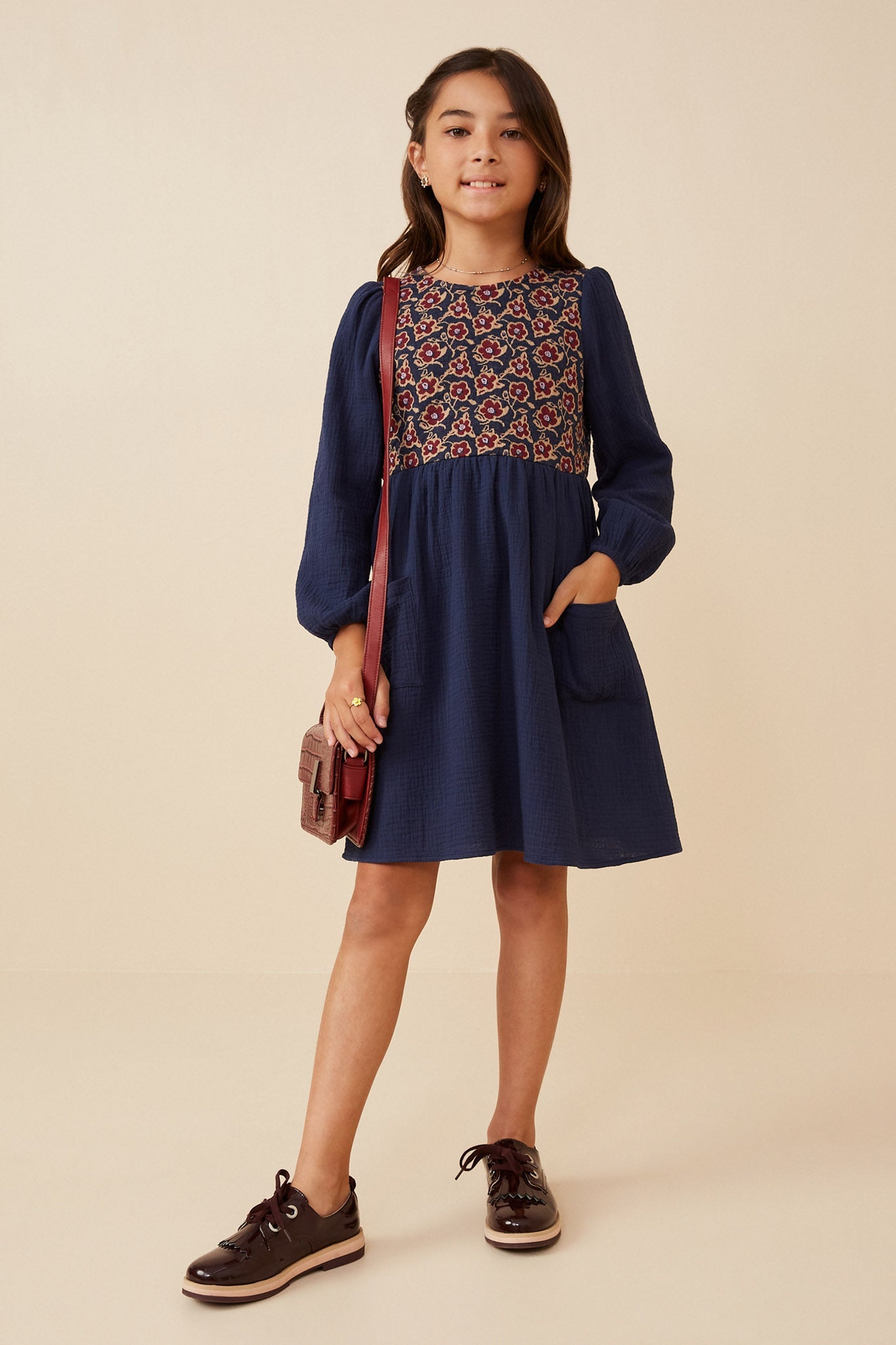 Lola Navy Blue Floral Mixed Media Puff Sleeve Dress Girls S-XL