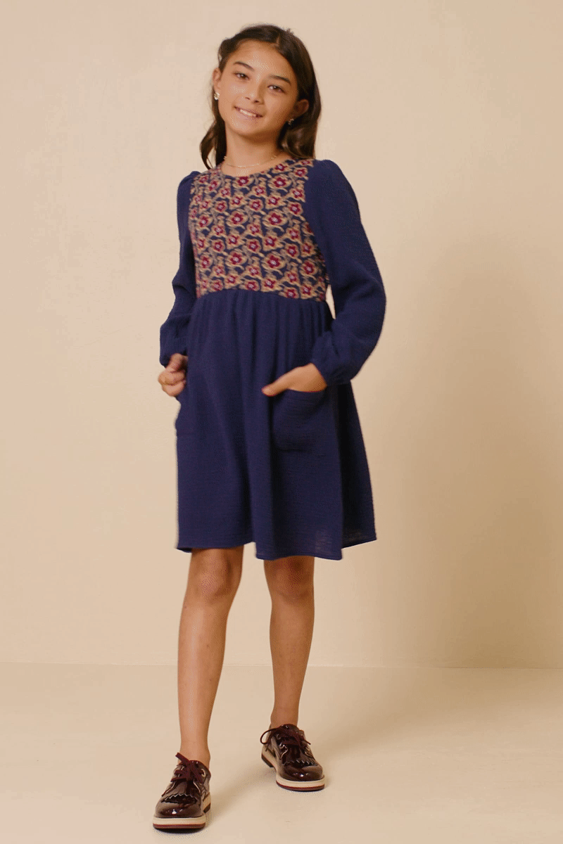 Lola Navy Blue Floral Mixed Media Puff Sleeve Dress Girls S-XL