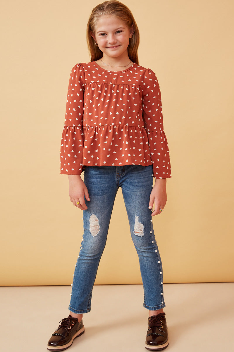 Sydney Rose Tiered Puff Shoulder Top with Hearts and Bell Sleeves S-XL