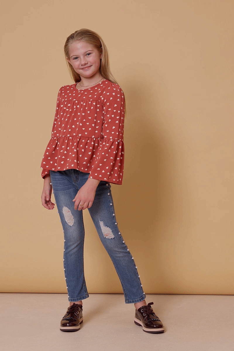 Sydney Rose Tiered Puff Shoulder Top with Hearts and Bell Sleeves S-XL