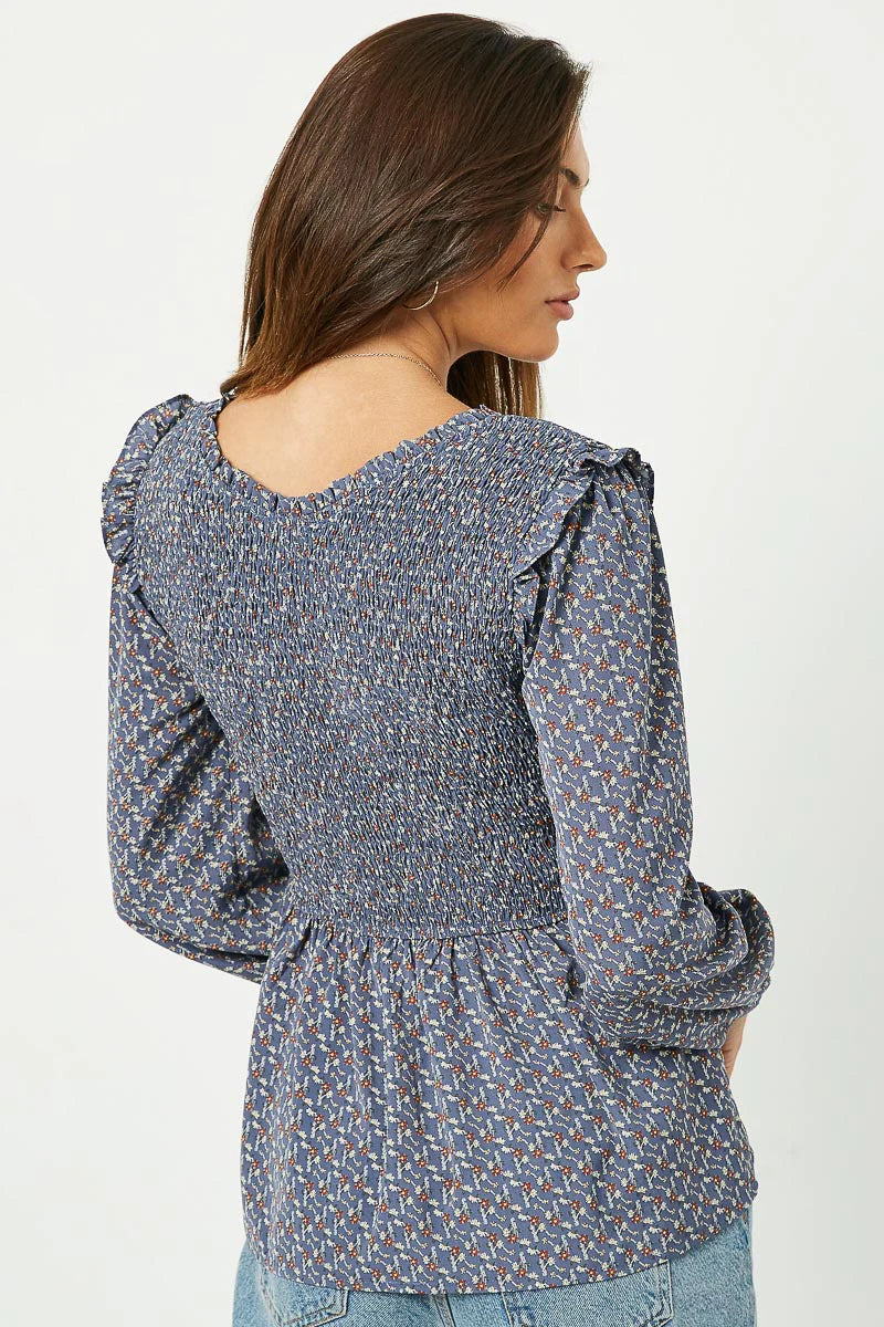 LAURA Blue Floral Smocked Ruffle Blouse Small-Large