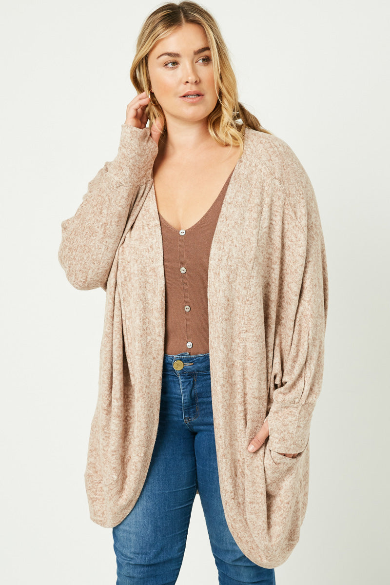 Autumn Plus Oversized Cozy Brown Open Cardigan Cover with Dolman Sleeves 1XL-3XL
