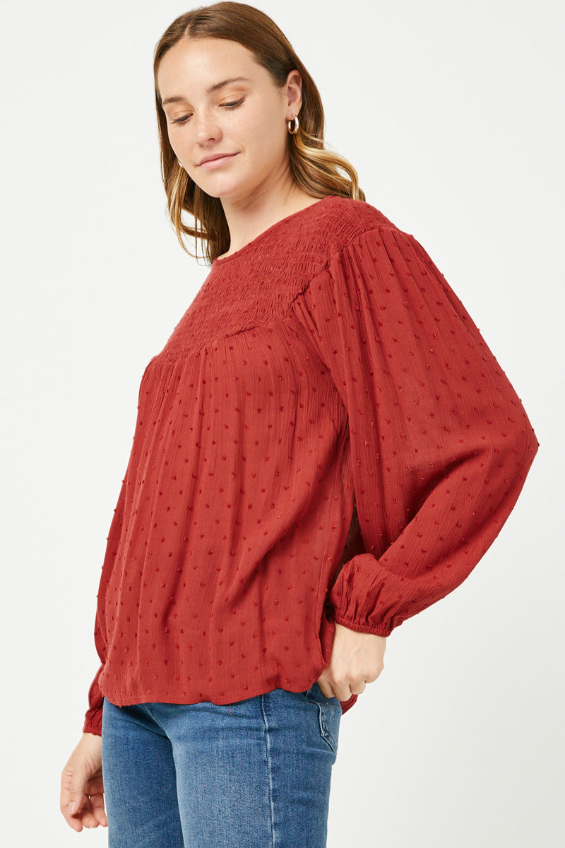 Bailey Misses Burgundy Swiss Dot Smocked Baby Doll Rayon Long Sleeve Top S-L