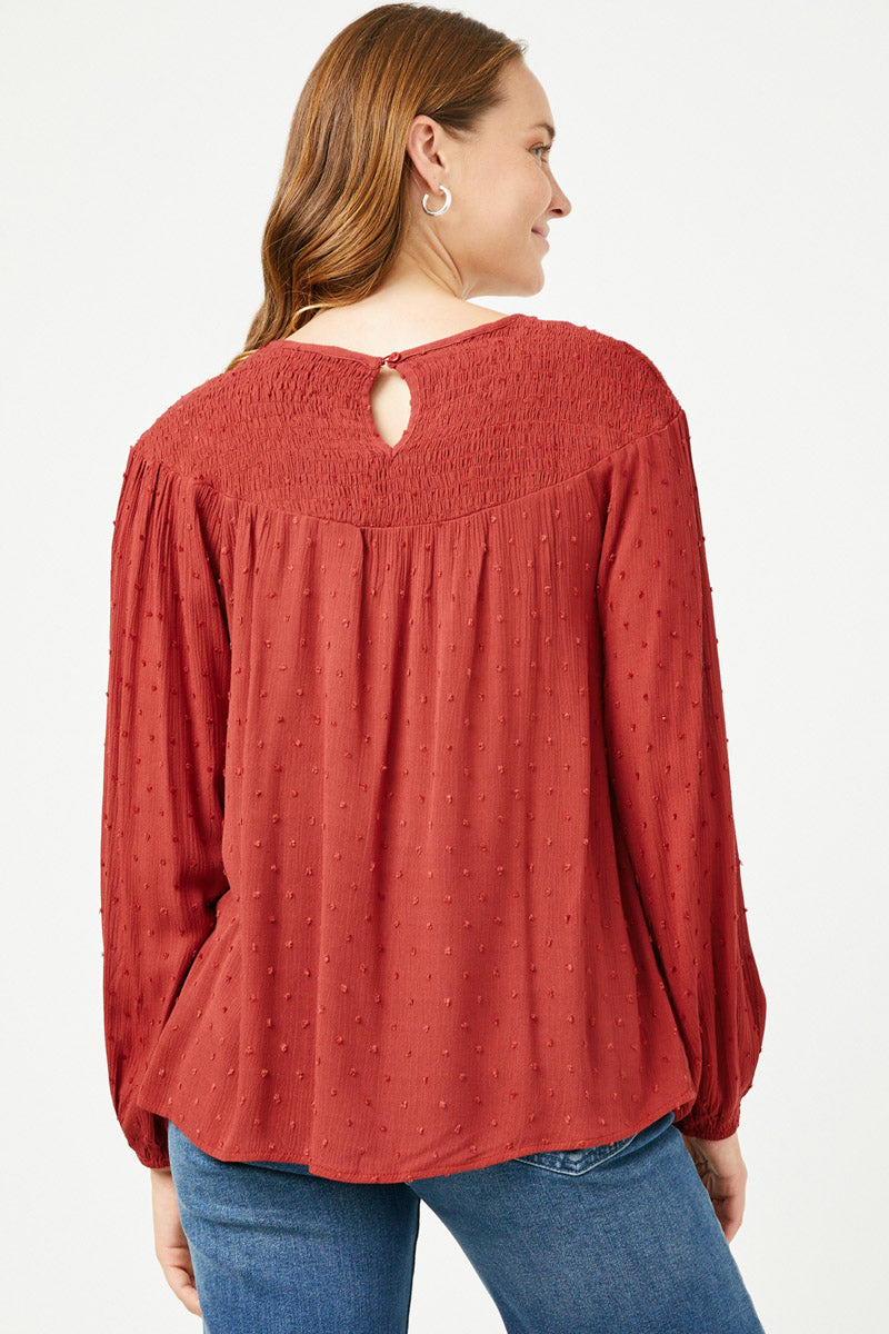 Bailey Misses Burgundy Swiss Dot Smocked Baby Doll Rayon Long Sleeve Top S-L