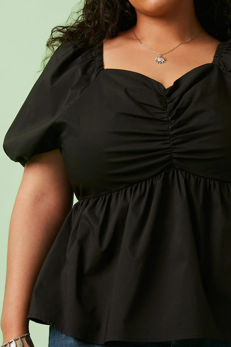 Destiny Plus Black Shirred Puff Sleeve Sweetheart Top 1XL-3XL