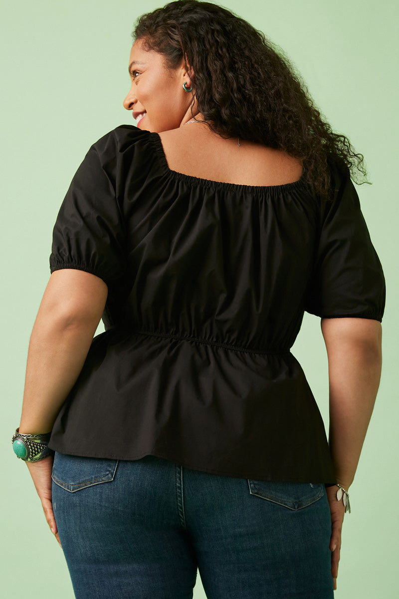 Destiny Plus Black Shirred Puff Sleeve Sweetheart Top 1XL-3XL