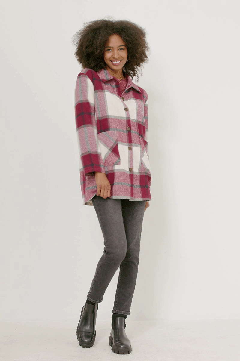 Mandy Misses Burgundy Plaid Shacket with Front Pockets S-L