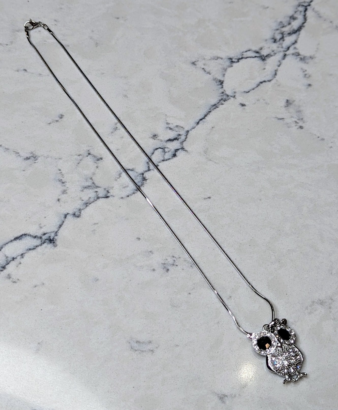 Large Owl Necklace White Gold Plated Pendant with Crystals