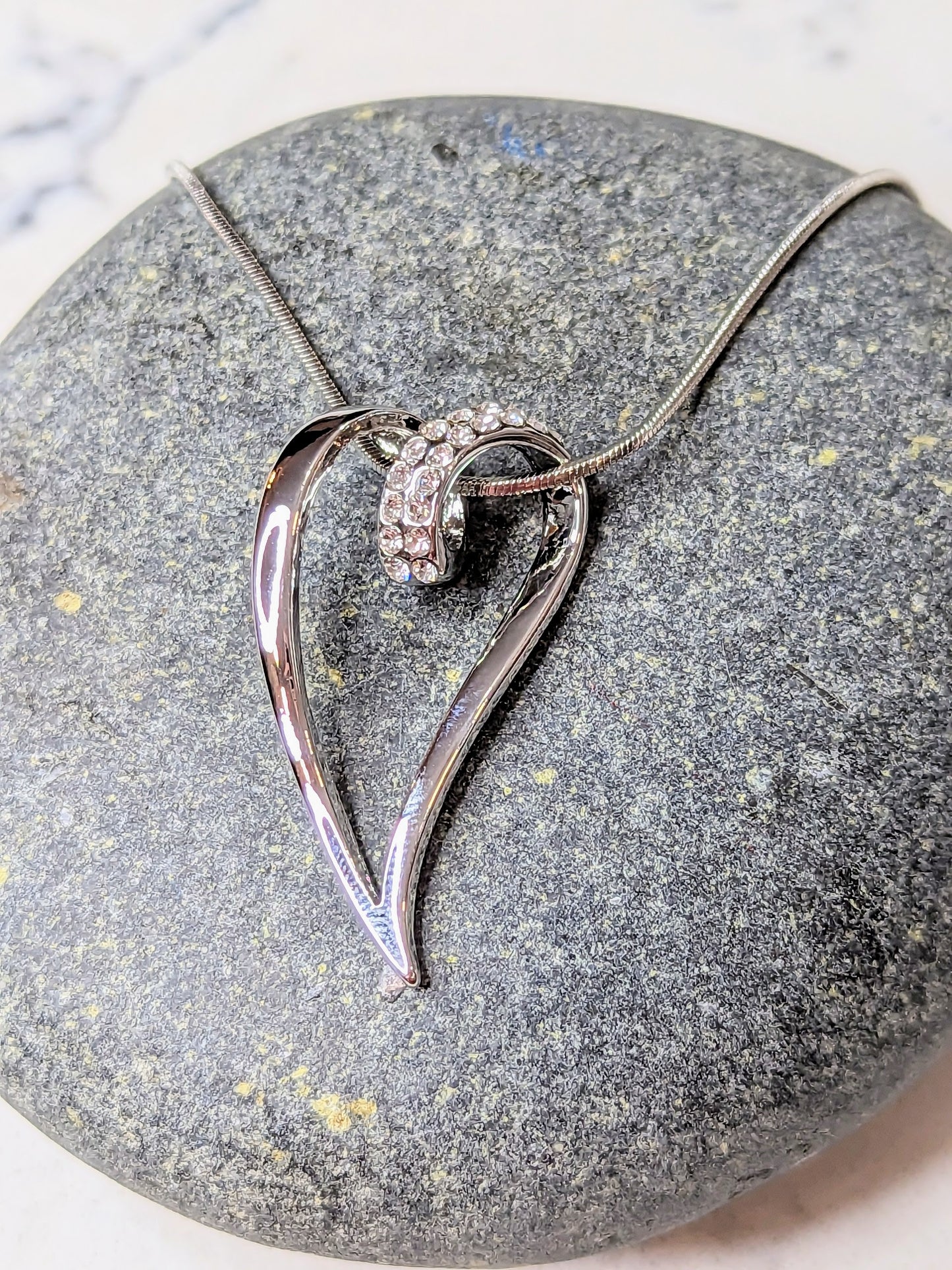 Large Heart Necklace with Crystals White Gold Plated