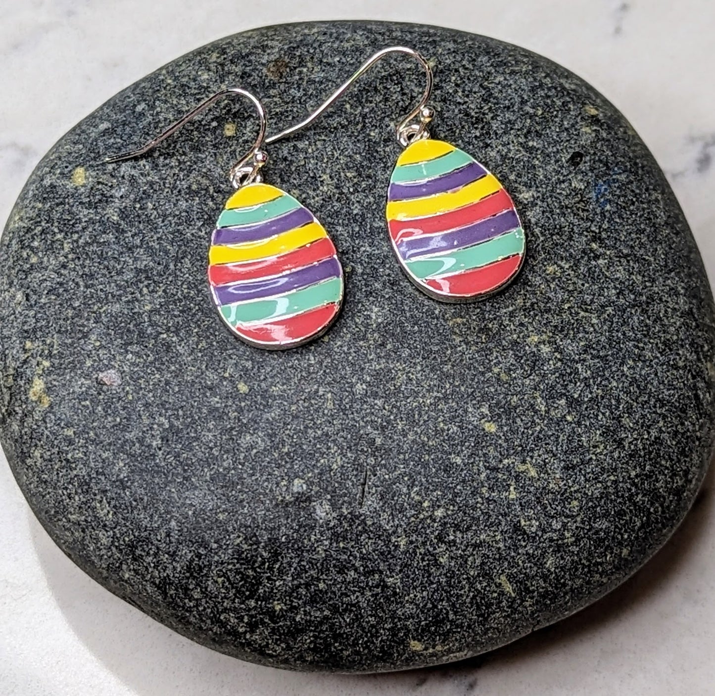 Easter Egg Brightly Striped Hook Style Earrings with Silver Hardware
