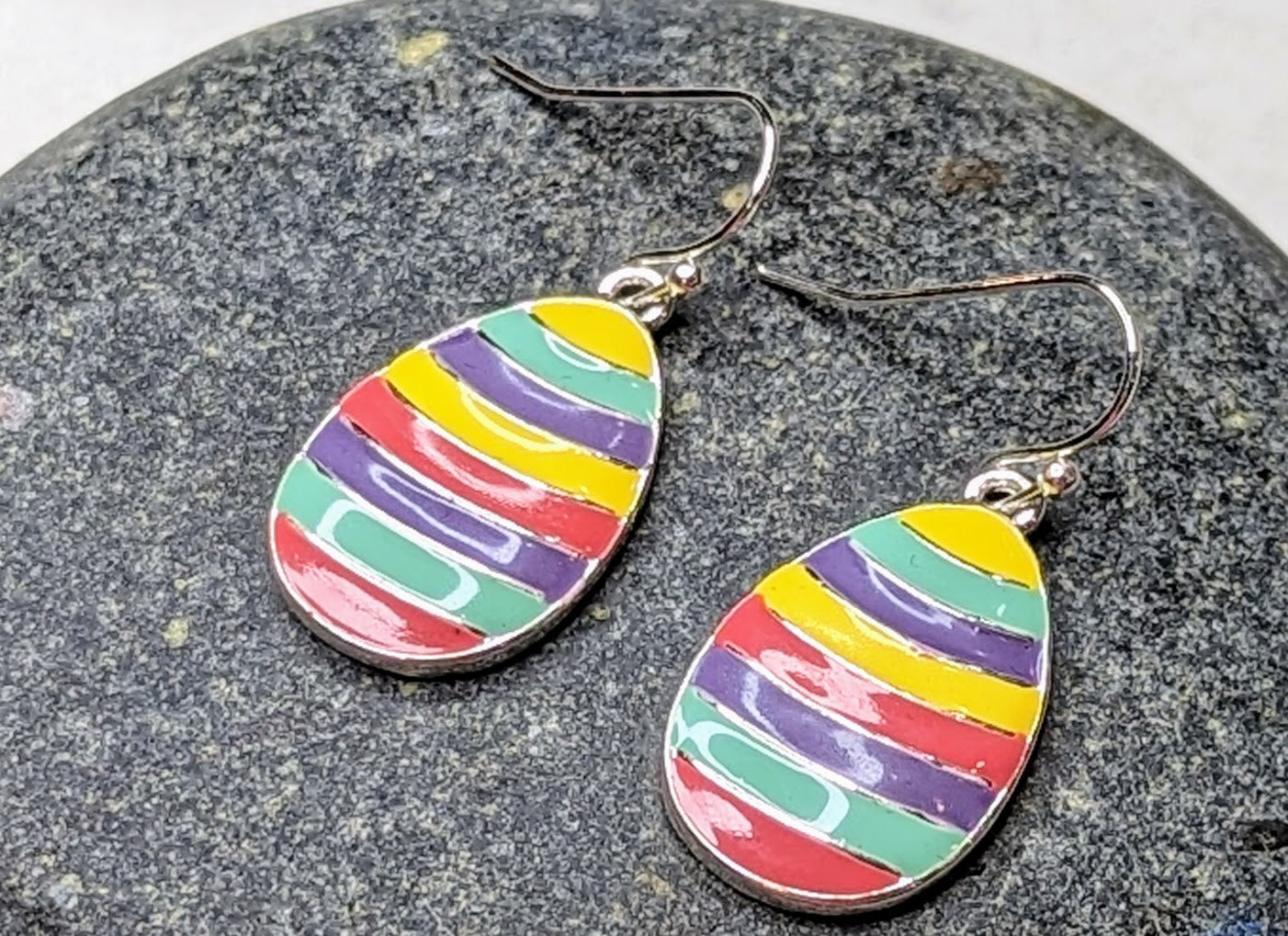 Easter Egg Brightly Striped Hook Style Earrings with Silver Hardware