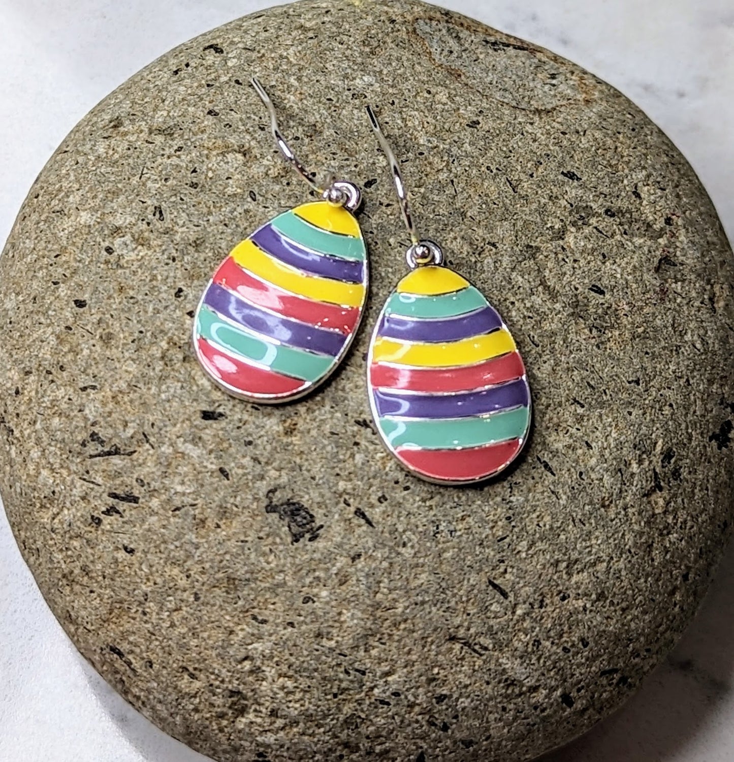 Easter Egg Brightly Striped Hook Style Earrings with Silver Hardware
