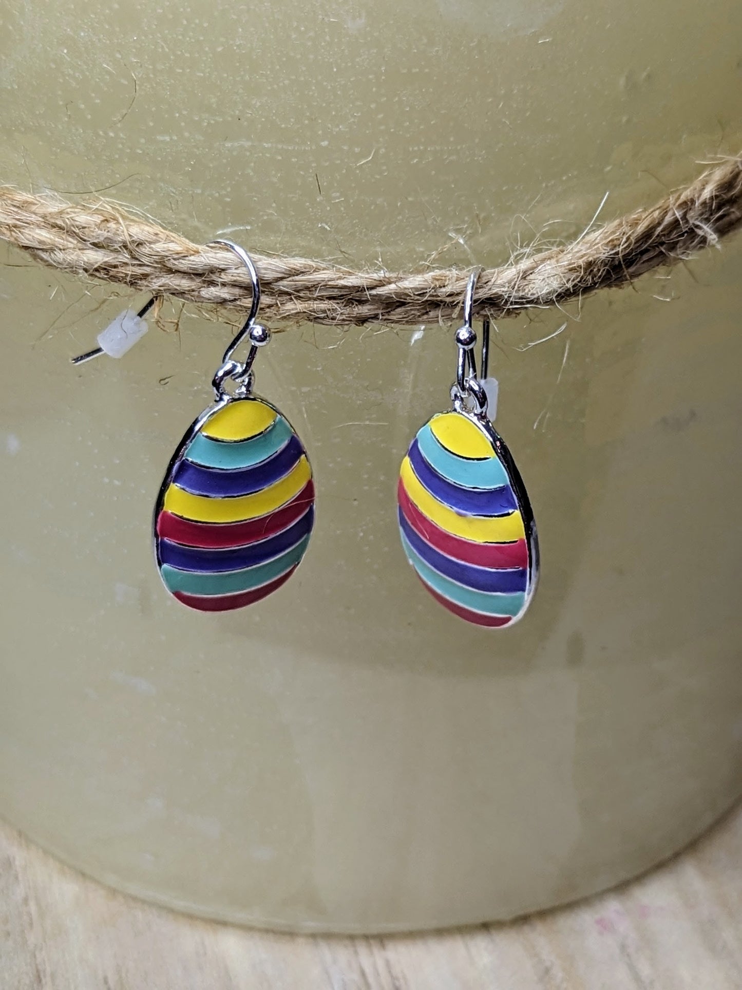 Easter Egg Brightly Striped Hook Style Earrings with Silver Hardware