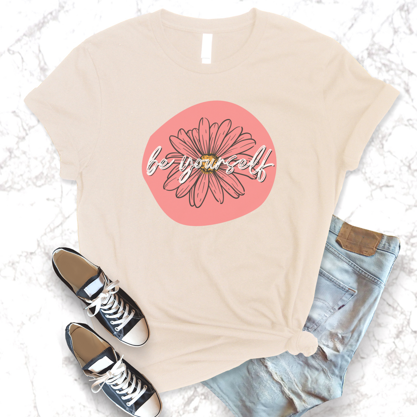 Be Yourself Coral Daisy Floral Positive Message Unisex Jersey Short Sleeve Tee Small-3XL