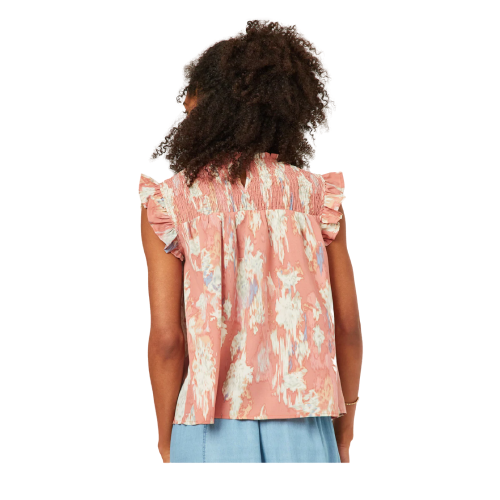 Sasha Women's Pink Watercolor Smocked Top with Ruffle Sleeves S-L